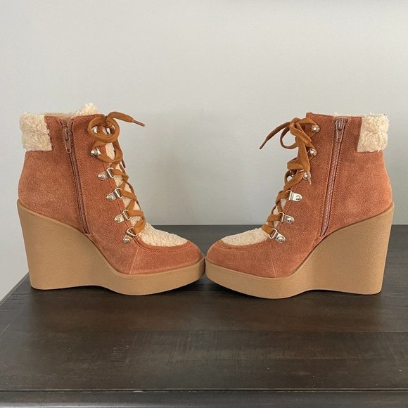 JESSICA Simpson Maelyn Lace-Up Suede Sherpa Platform Wedge Hiker Boots 6.5 - Picture 6 of 13